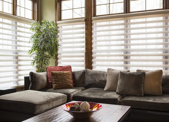 Spencerport, New York, USA,Sofa and blinds in living room